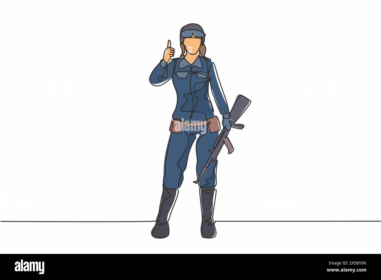 Une seule ligne continue dessinant des soldats femmes debout avec des armes, des uniformes, des gestes de pouce vers le haut servant le pays avec la force des forces militaires. O Illustration de Vecteur