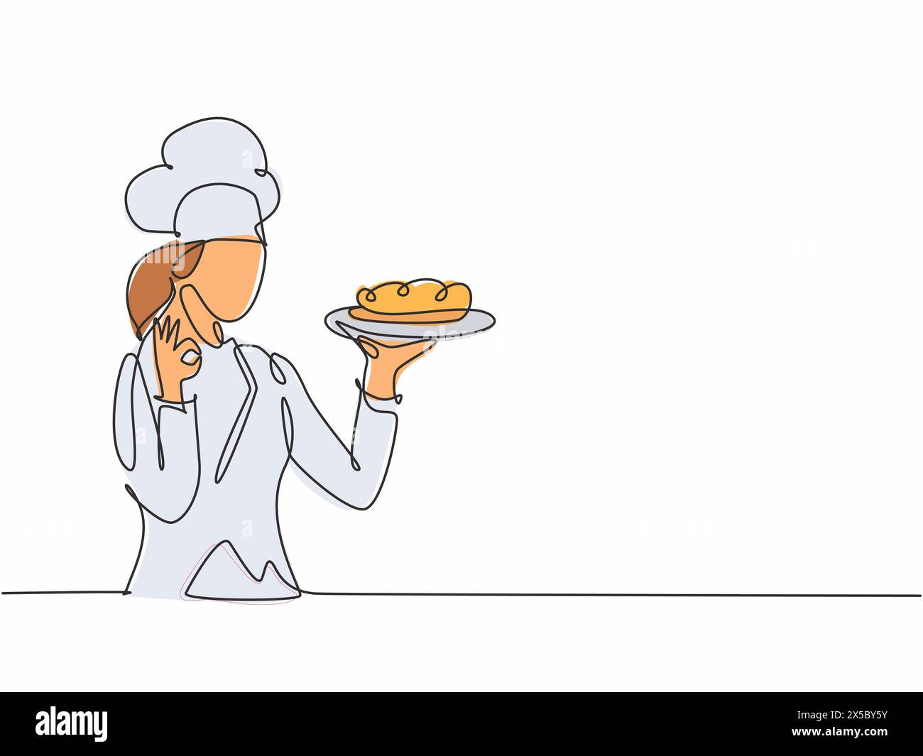 Simple dessin d'une ligne jeune femme de beauté joyeuse chef donner goût bon geste tout en servant le plat principal au restaurant. Délicieux goût de la nourriture tendance sur Illustration de Vecteur