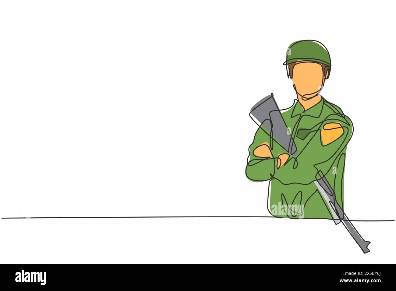 Dessin en ligne continue unique de jeune soldat homme croisé sur la poitrine et tenant l'arme de fusil. Profession professionnelle. Concept de minimalisme Illustration de Vecteur