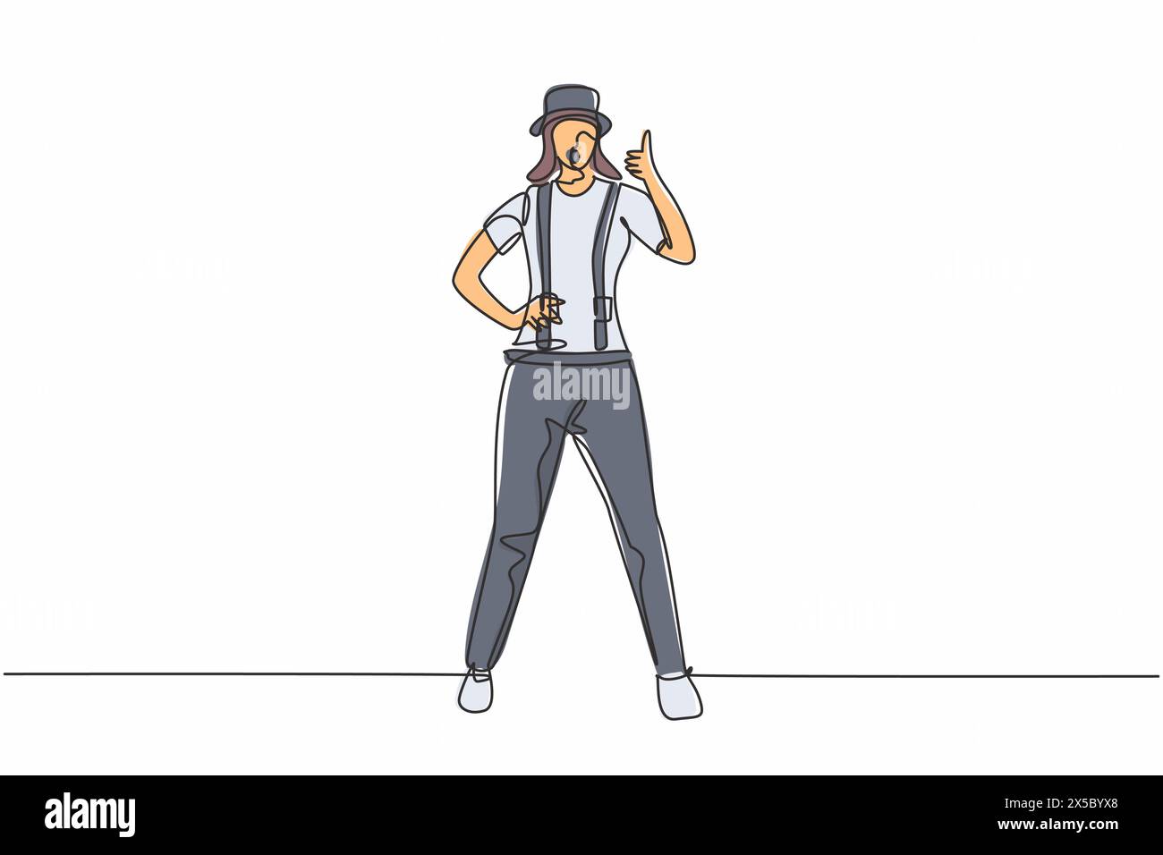 Une ligne continue dessinant une artiste mime se tient debout avec un geste de pouce vers le haut et un maquillage de visage blanc fait rire le public avec une comédie silencieuse. Simple Illustration de Vecteur