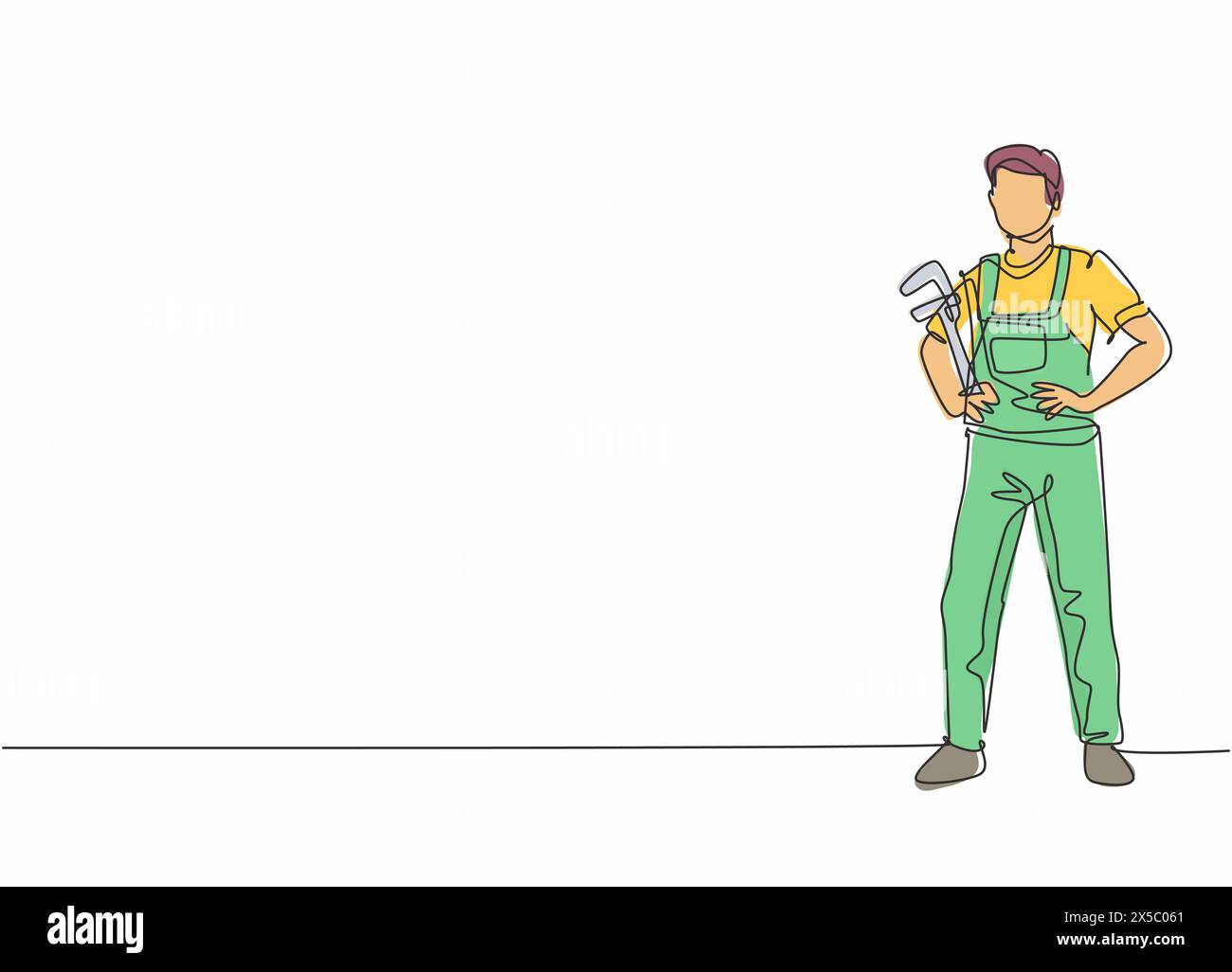 Dessin en ligne continue unique d'une jeune pose masculine de plombier debout et tenant une clé à tube. Profession professionnelle. Minimalisme concept un l Illustration de Vecteur
