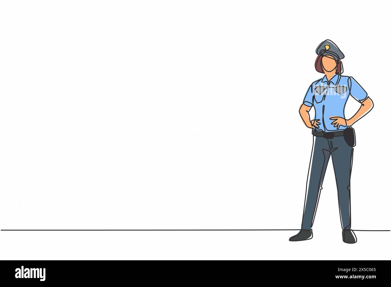 Dessin continu d'une ligne de jeune femme de police de beauté sur uniforme debout avec les mains sur la hanche. Concept minimaliste de profession professionnelle. Simple Illustration de Vecteur