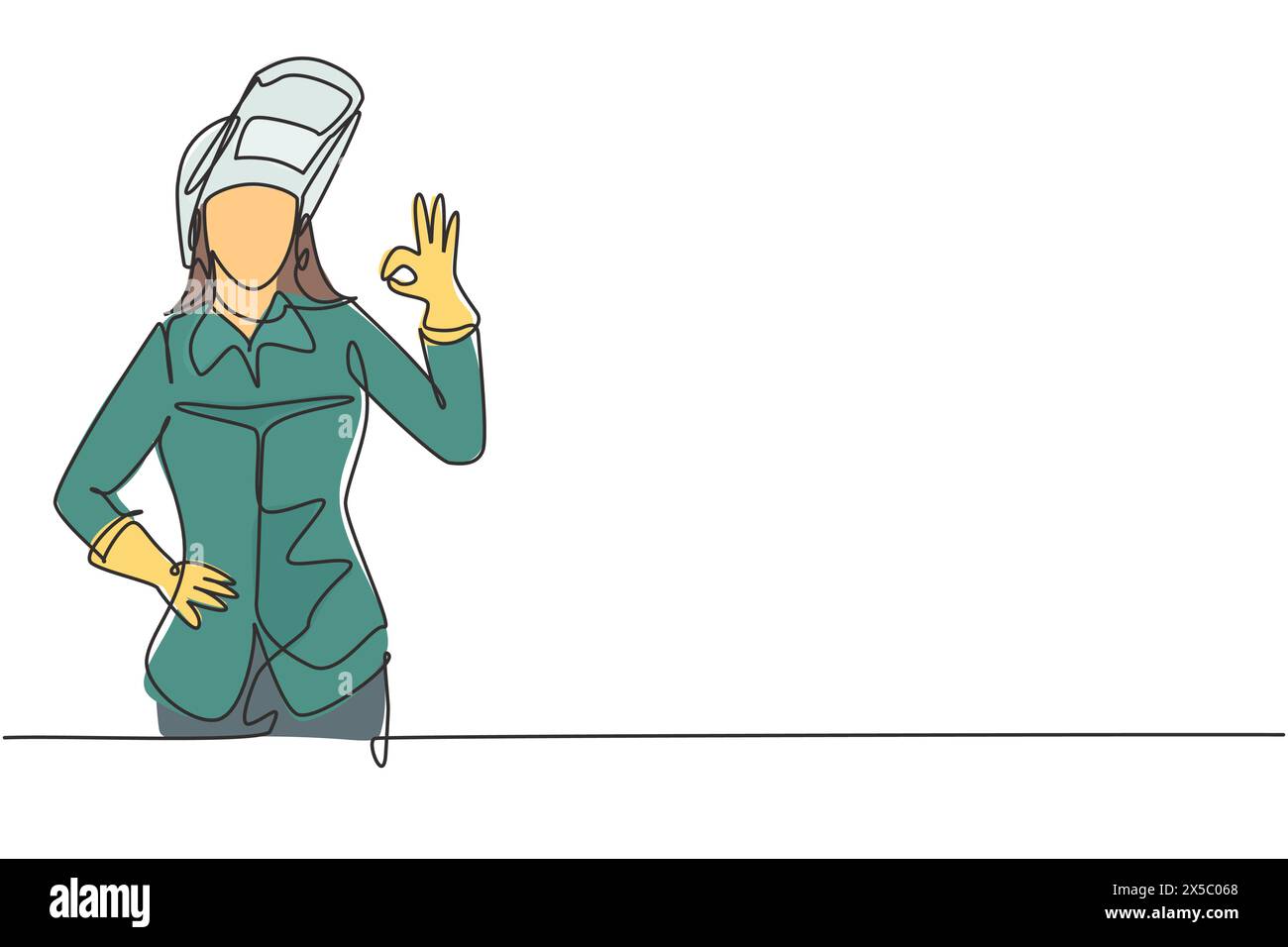 Continu une ligne dessinant la soudeuse femelle avec le geste OK travaille dans la construction de bâtiment formant le cadre en acier qui est fondu par le feu. L unique Illustration de Vecteur