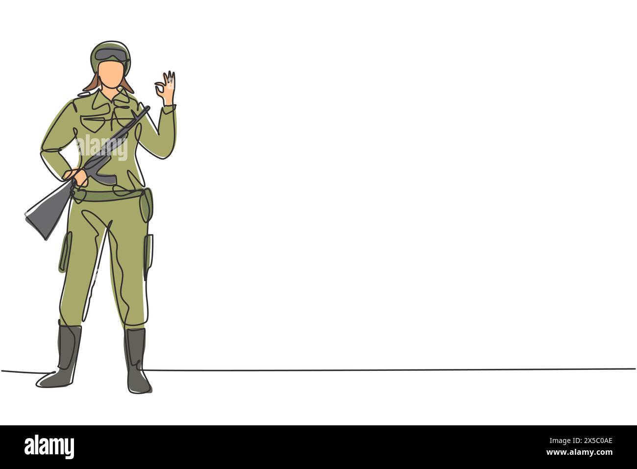 Continu d'une ligne dessinant des soldats féminins se tient avec l'arme, l'uniforme complet, et le geste OK servant le pays avec la force des forces militaires. S Illustration de Vecteur