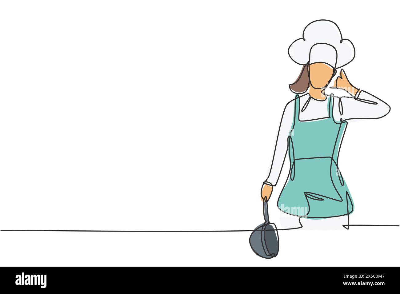 Une ligne continue dessinant une femme chef avec le geste appelez-moi, tenant la casserole et portant des uniformes de cuisine prêts à cuisiner les repas pour les clients du restaurant. Péché Illustration de Vecteur
