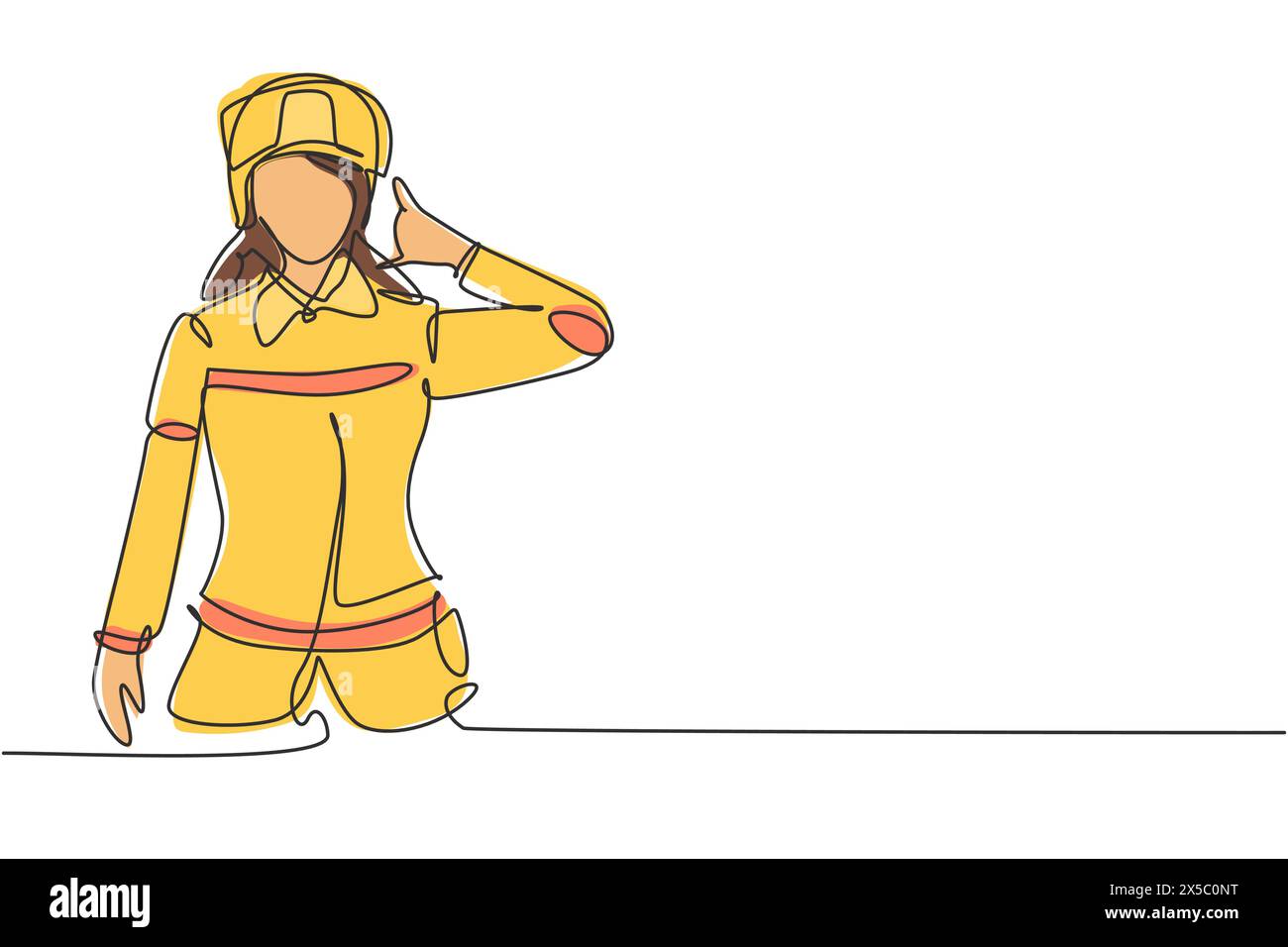 Continu une ligne dessinant une femme pompier avec uniforme, appelez-moi geste et portant casque préparez-vous à éteindre le feu qui a brûlé le bâtiment. Chantez Illustration de Vecteur