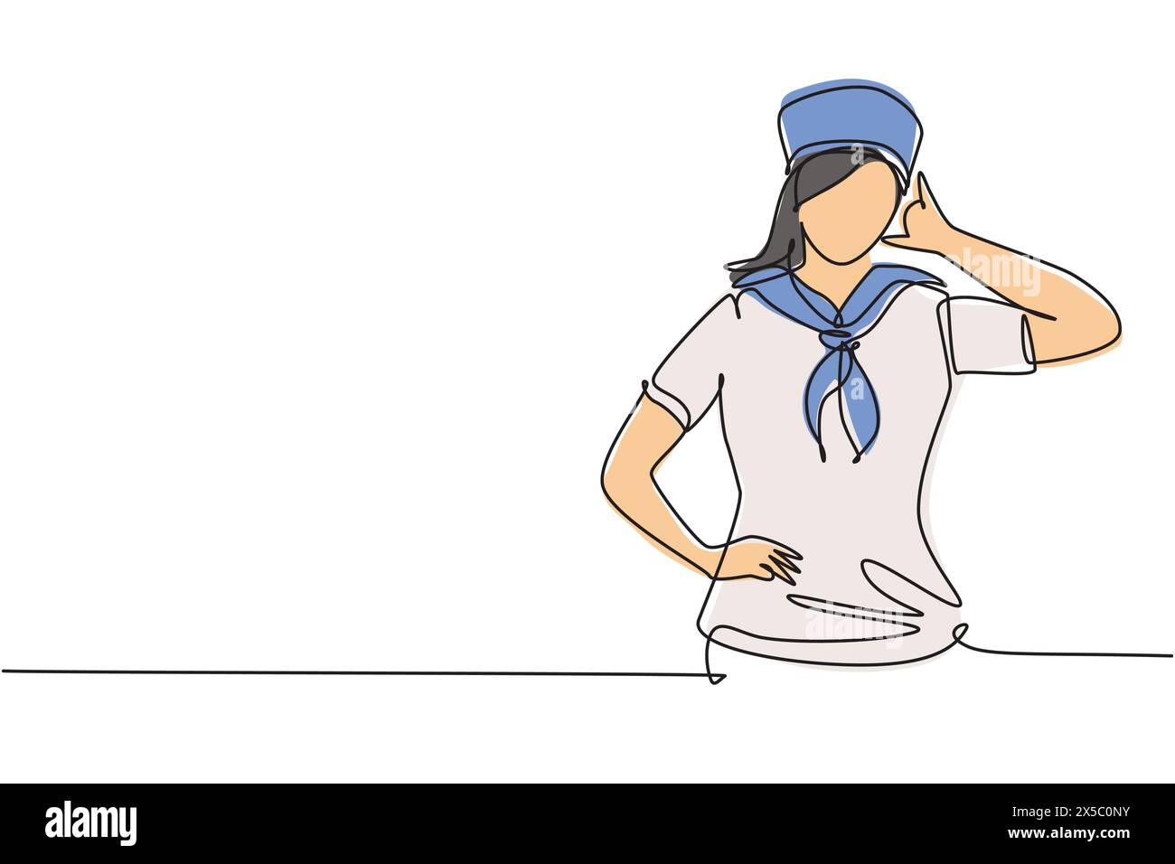 Une seule ligne continue dessinant une femme de marin avec Call me geste et foulard autour de son cou prêt à naviguer à travers les mers dans un navire dirigé par le capitaine. Dynamique Illustration de Vecteur