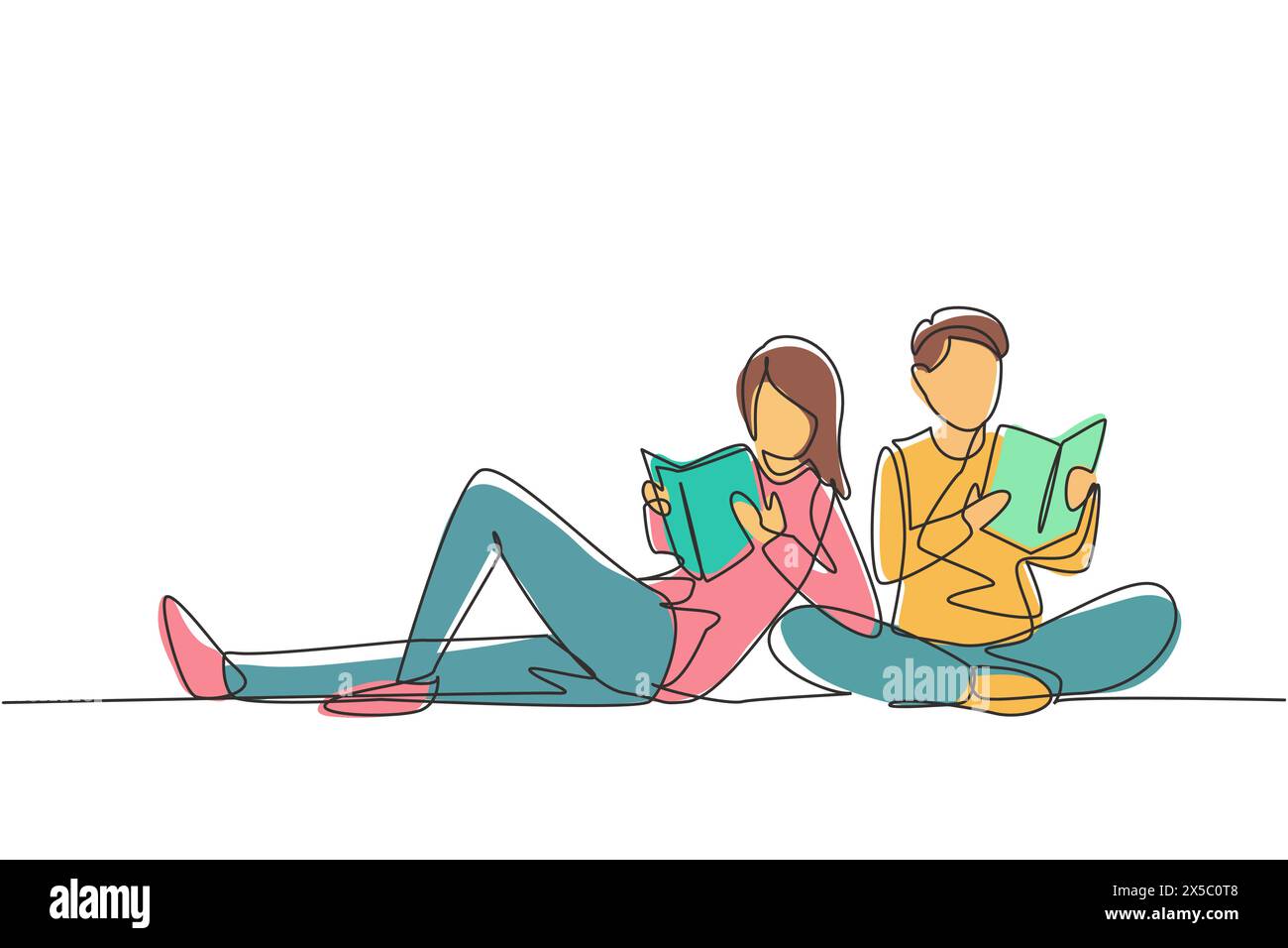 Continue d'une ligne dessinant les étudiants femme et homme lisant ensemble, apprenant et assis au parc. Fans de littérature ou amoureux, concept d'éducation. Singl Illustration de Vecteur