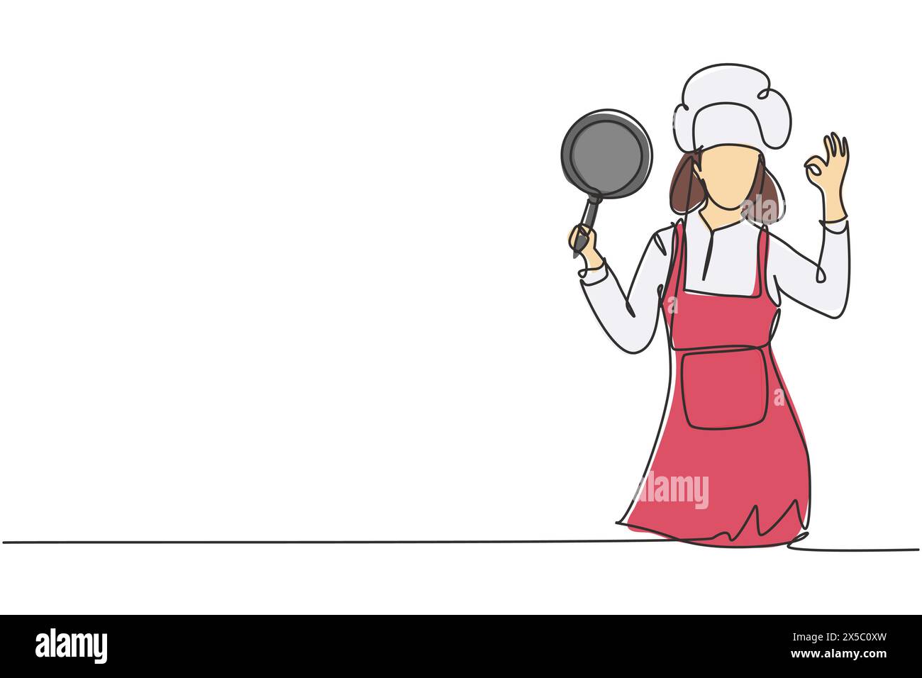 Une ligne continue dessinant chef féminin avec des gestes OK, tenant la casserole et portant le tablier est prêt à cuisiner des repas pour les invités dans des restaurants célèbres. Péché Illustration de Vecteur