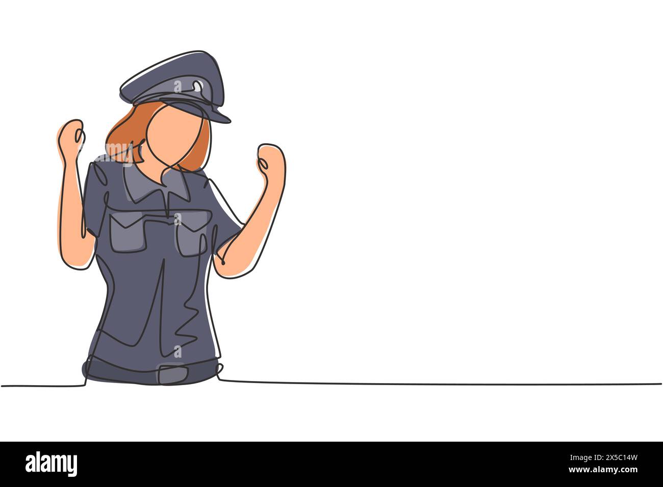 Une ligne continue dessinant policewoman avec le geste de célébration et l'uniforme complet est prêt à appliquer la discipline de la circulation sur l'autoroute. Patrouille de réserve. Péché Illustration de Vecteur