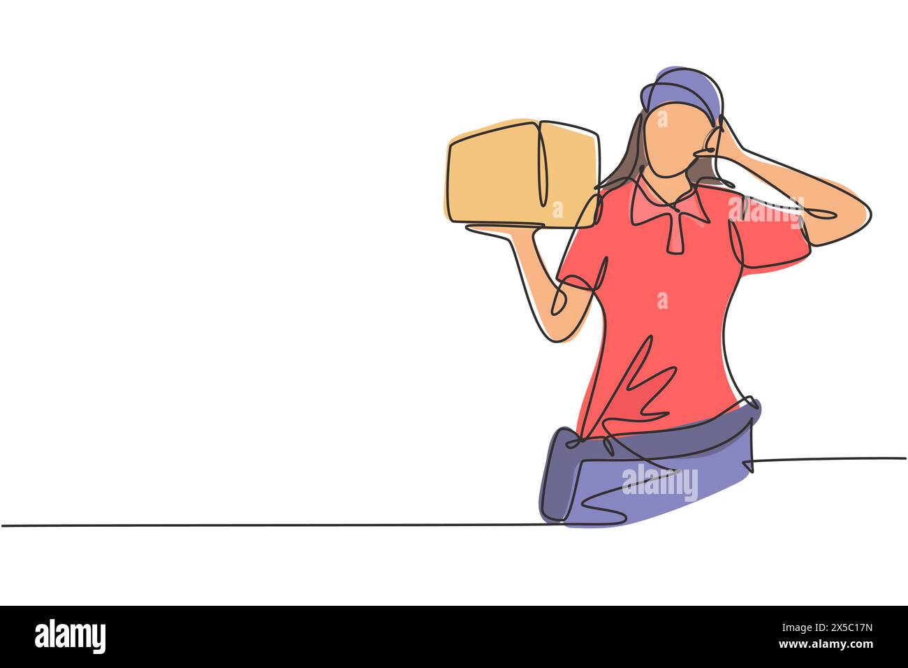 Livreuse de dessin de ligne continue unique avec geste d'appel, portant la boîte de paquet à livrer aux clients avec le meilleur service. Dynami Illustration de Vecteur