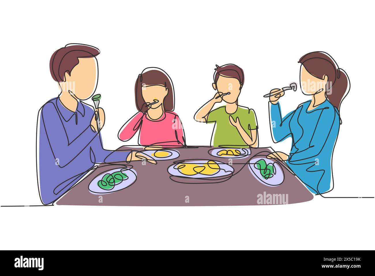 Une seule ligne continue dessinant la famille mangeant le repas autour de la table de cuisine. Heureux papa, maman et deux enfants assis à manger un déjeuner sain à la maison. Dynamique activée Illustration de Vecteur