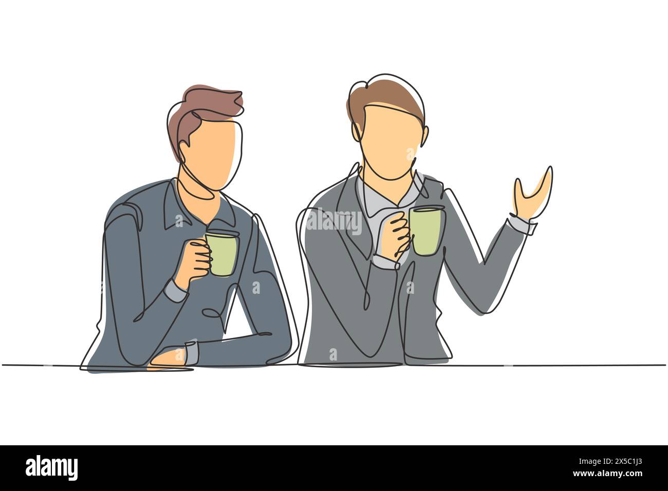 Une ligne continue dessinant deux jeunes hommes assis au-dessus d'une tasse de café et parlant de plans de travail dans le bureau. Concept de style de vie de succès. L unique Illustration de Vecteur