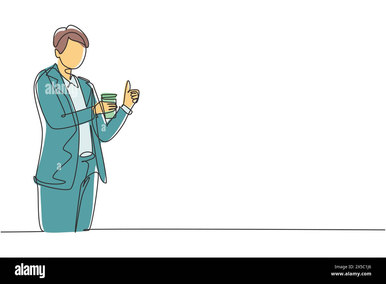 Simple une ligne dessinant homme adulte tenant une tasse de café avec pouce vers le haut geste célébrant le succès de son projet de travail. Profitez de la vie. Continue moderne Illustration de Vecteur