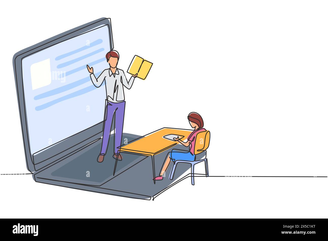 Simple une ligne dessinant enseignant masculin debout devant l'écran d'ordinateur portable tenant le livre et enseignant des lycéennes filles de premier cycle assis sur le banc Illustration de Vecteur