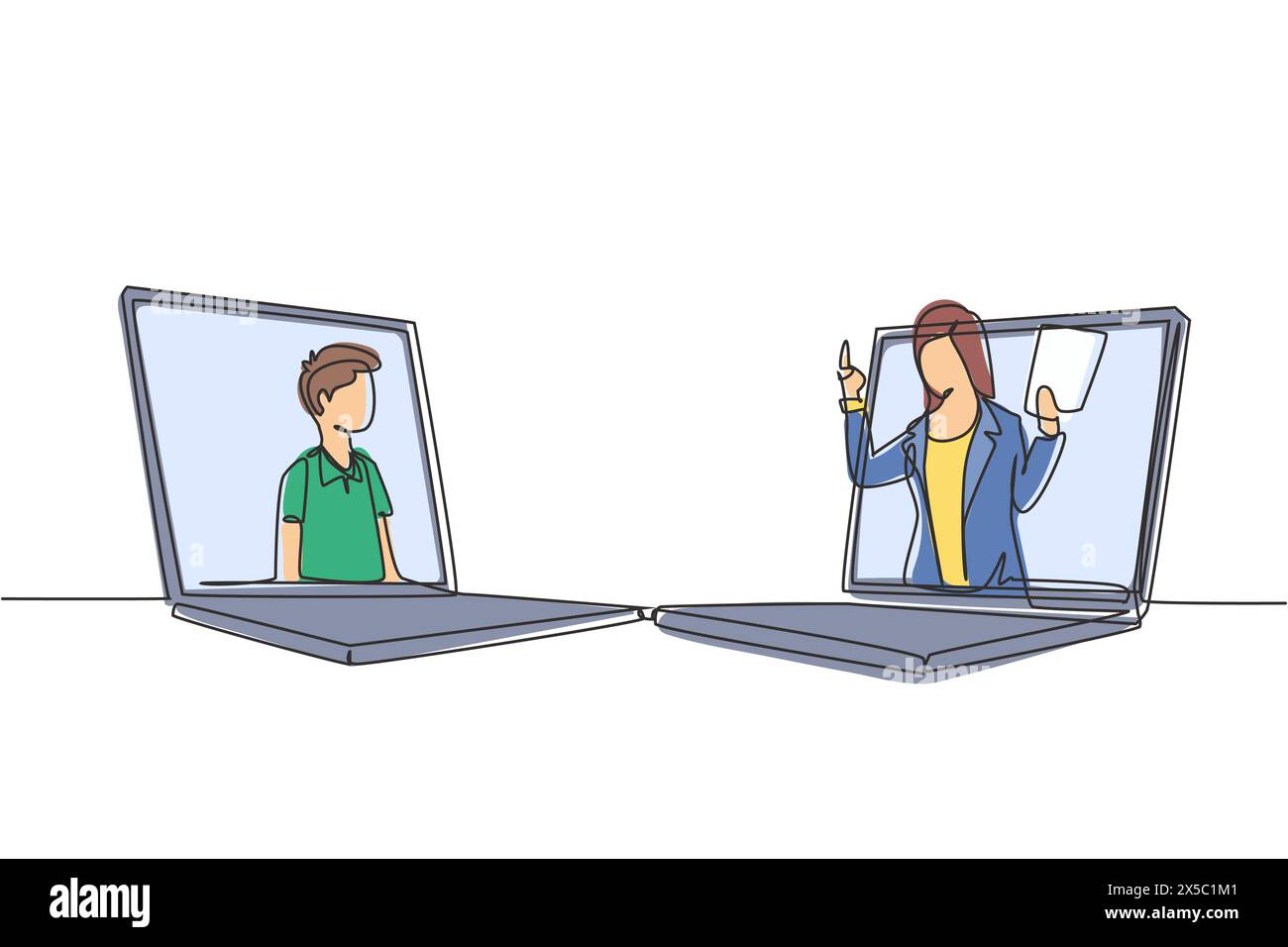 Simple dessin d'une ligne deux ordinateurs portables se tiennent devant l'autre, un côté contient un étudiant masculin du collège étudiant et l'autre suite Illustration de Vecteur