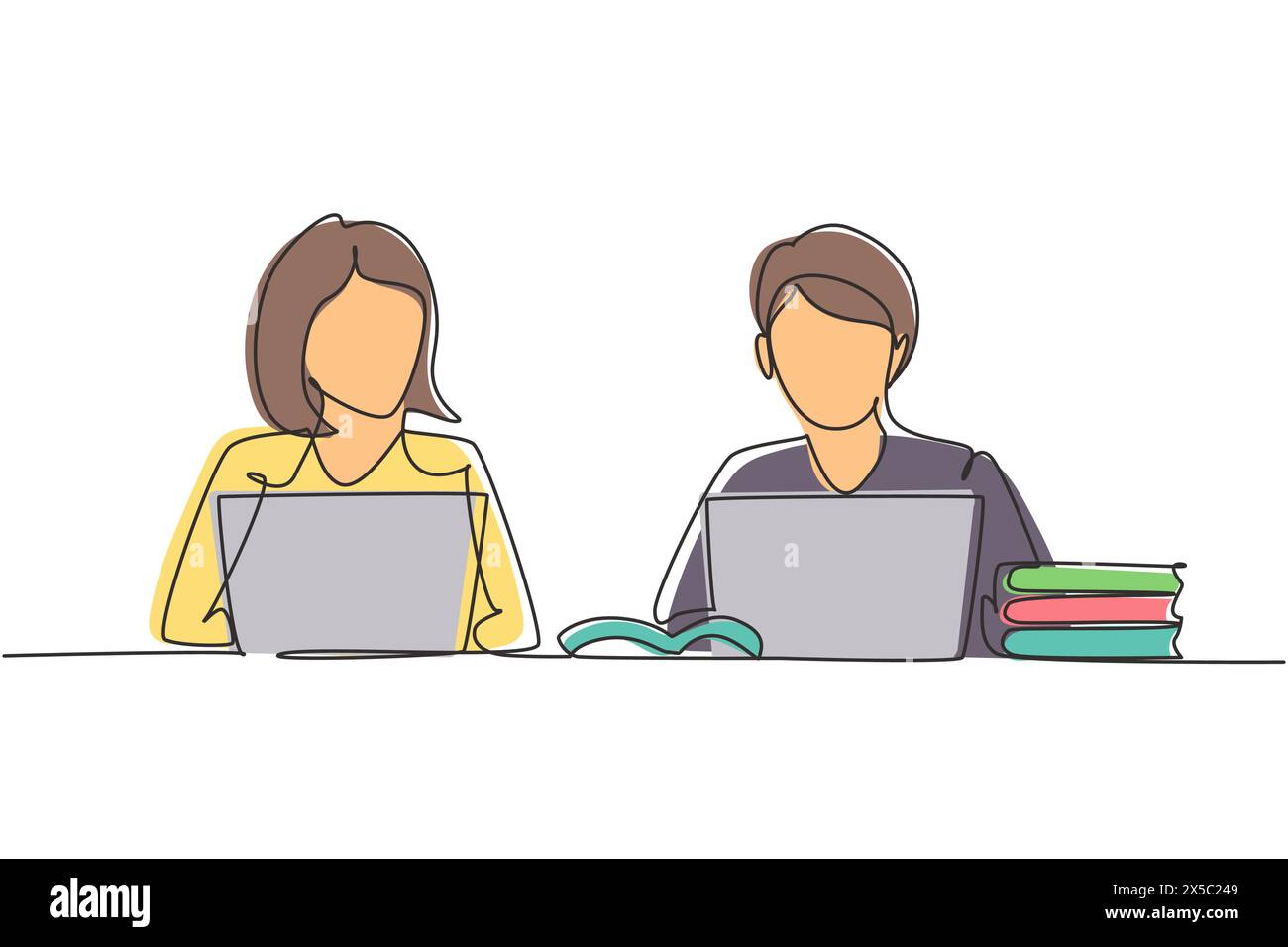 Continu d'une ligne dessinant deux jeunes femmes étudiant avec un ordinateur portable et pile de livres. Retour à l'école, étudiants intelligents, concept d'éducation en ligne. Si Illustration de Vecteur