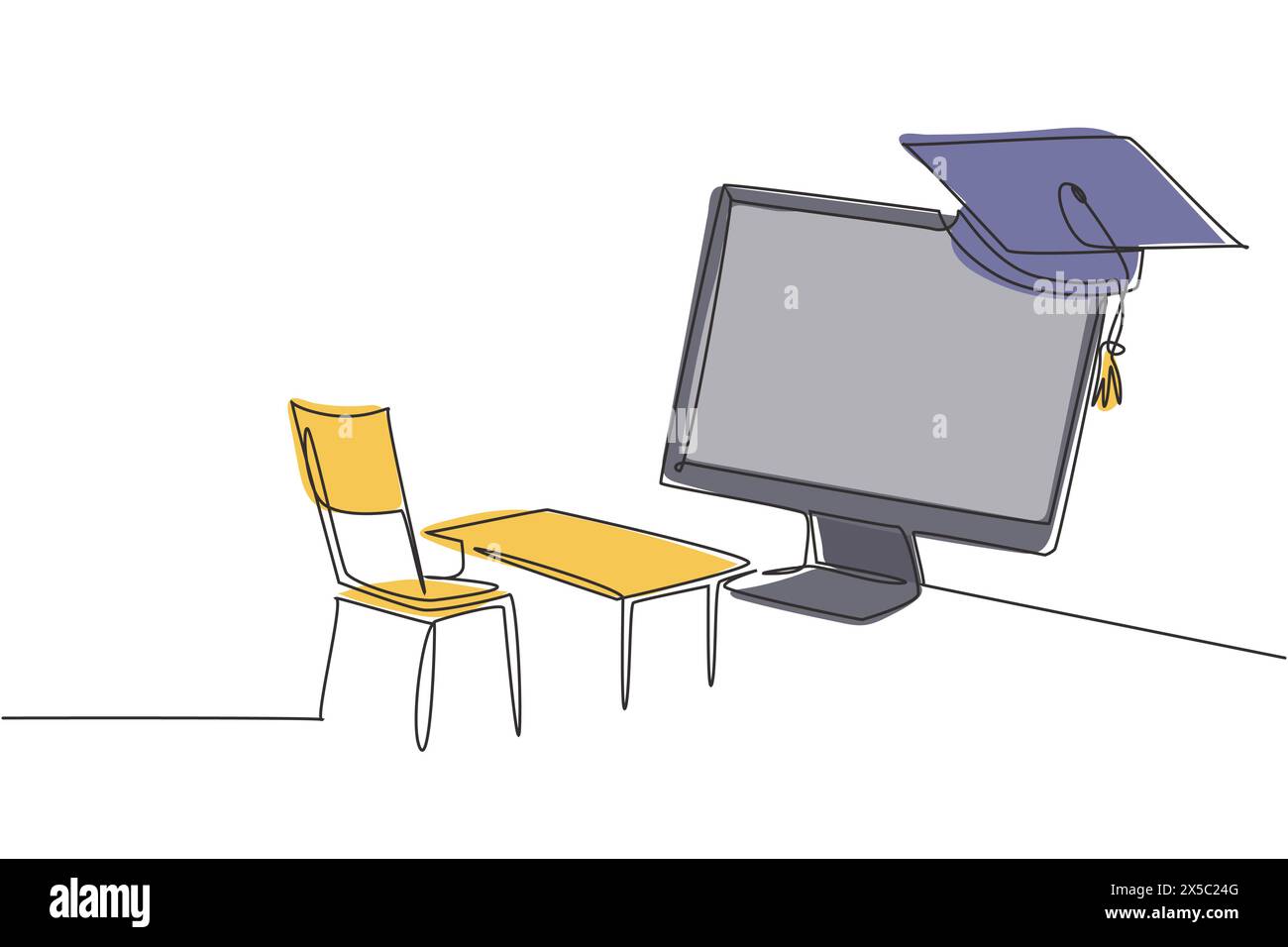 Simple une ligne dessinant des chaises d'étude vides et des bureaux face à l'écran géant de moniteur dans lequel il y a un tableau noir et un chapeau de graduation sur le dessus. Contin moderne Illustration de Vecteur