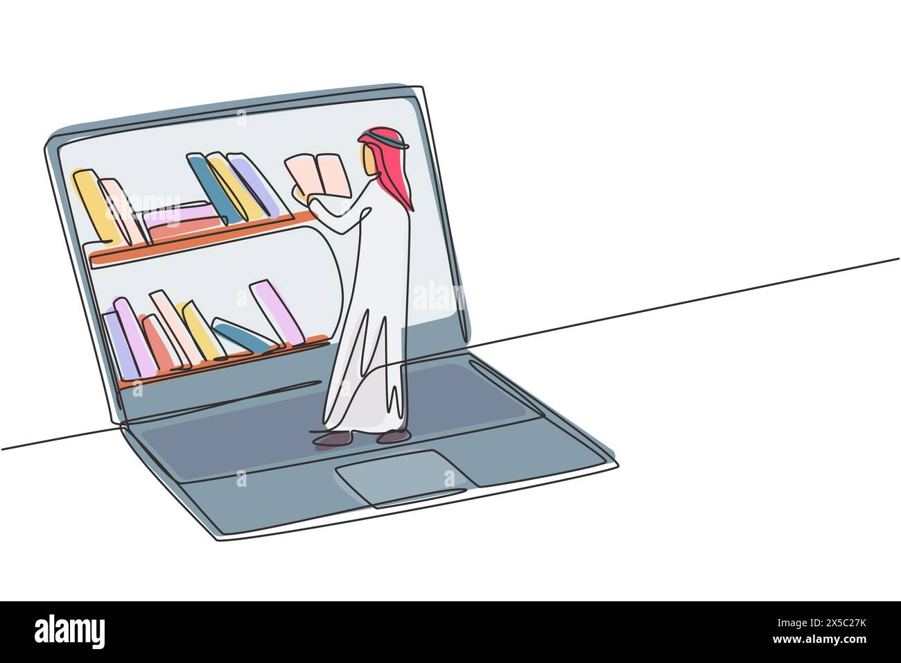 Ligne continue unique dessinant le livre de lecture d'un jeune étudiant arabe masculin tout en se tenant devant l'écran d'ordinateur portable avec une étagère sur l'écran. Dynamique Illustration de Vecteur