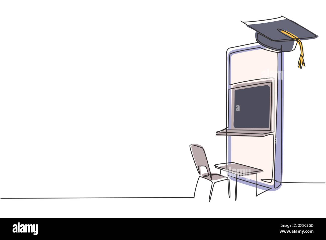 Ligne continue unique dessinant des chaises d'étude vides et des bureaux face à l'écran de smartphone dans lequel il y a un tableau noir et un chapeau de graduation sur le dessus. Dynamique o Illustration de Vecteur