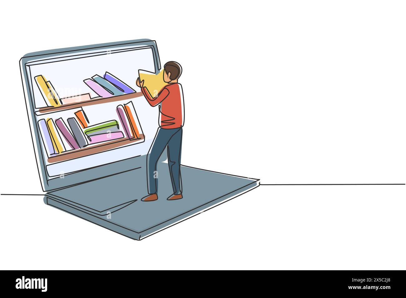 Ligne continue unique dessinant le livre de lecture d'étudiant masculin tout en se tenant devant un grand ordinateur portable avec étagère à livres sur l'écran. Éducation mobile. Dynamique o Illustration de Vecteur