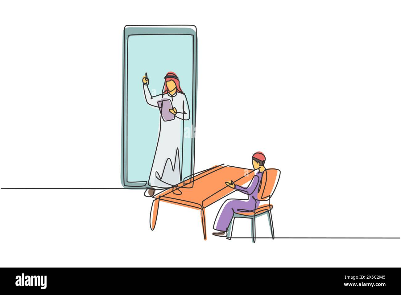 Une seule ligne continue dessinant un enseignant arabe masculin debout devant l'écran de smartphone tenant le livre et enseignant les étudiants arabes masculins assis sur ben Illustration de Vecteur