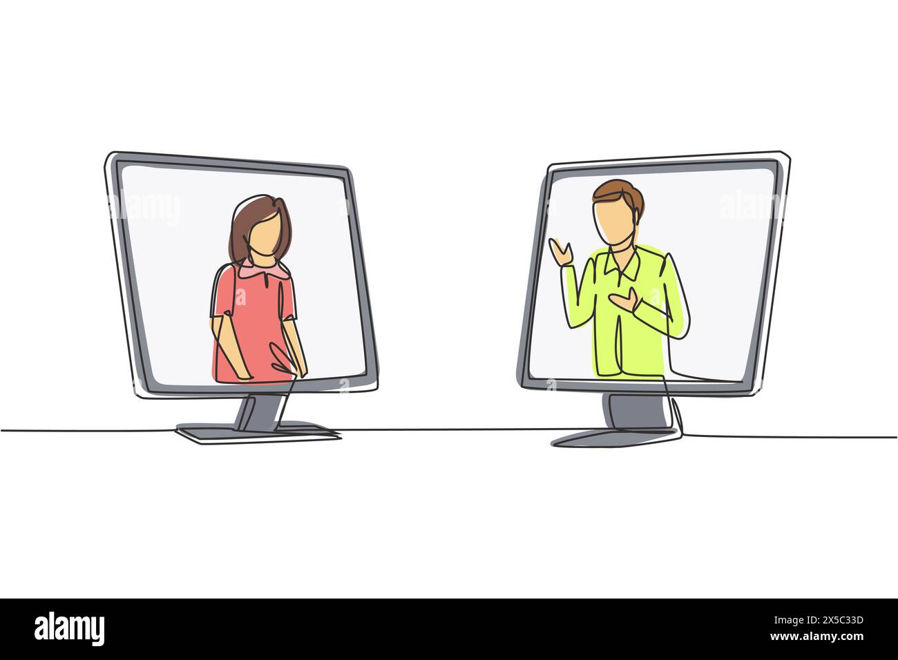 Continu d'une ligne dessinant deux moniteurs sont debout devant l'autre, un côté contient une étudiante du secondaire de premier cycle étudiant et l'OTH Illustration de Vecteur