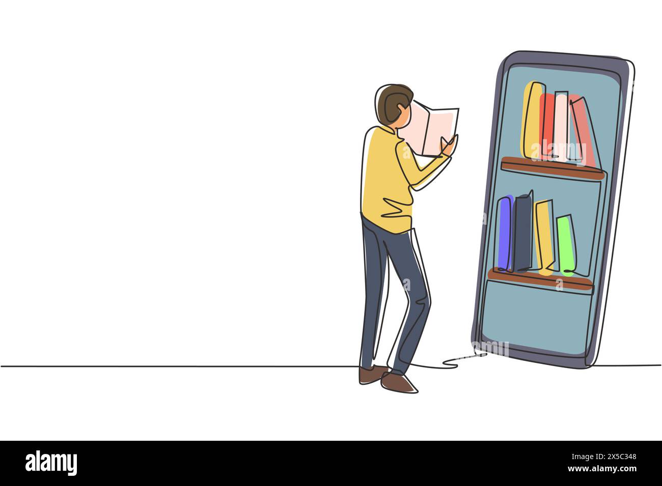 Simple dessin d'une ligne livre de lecture d'étudiant masculin tout en se tenant devant un grand smartphone avec étagère à l'écran. Éducation mobile. conti moderne Illustration de Vecteur