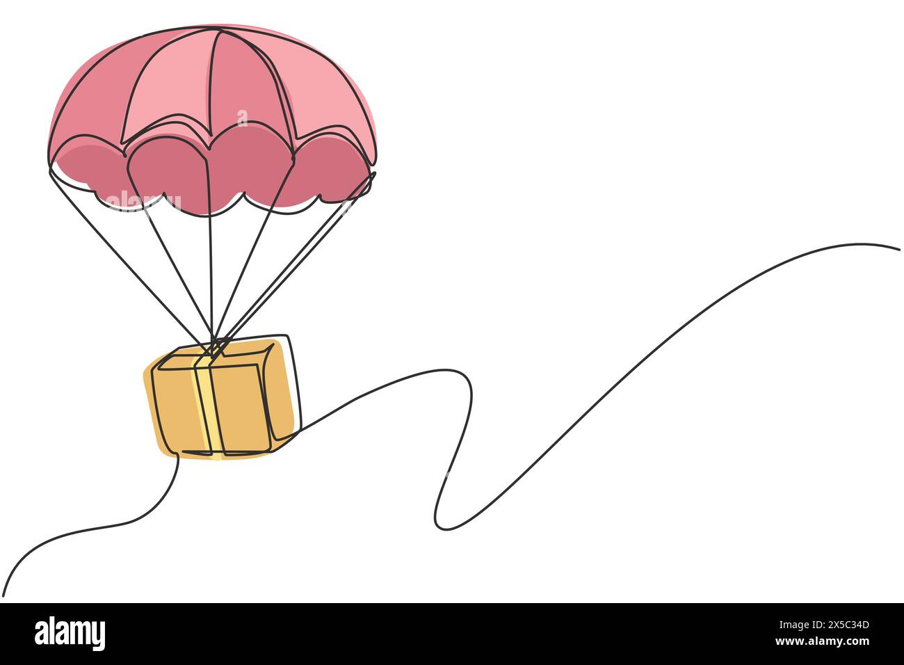 Un seul paquet de boîte de dessin de ligne continue vole à travers le ciel à l'aide de parachute. Service de livraison en ligne. Concept de colis de livraison rapide. Dynamic One l Illustration de Vecteur
