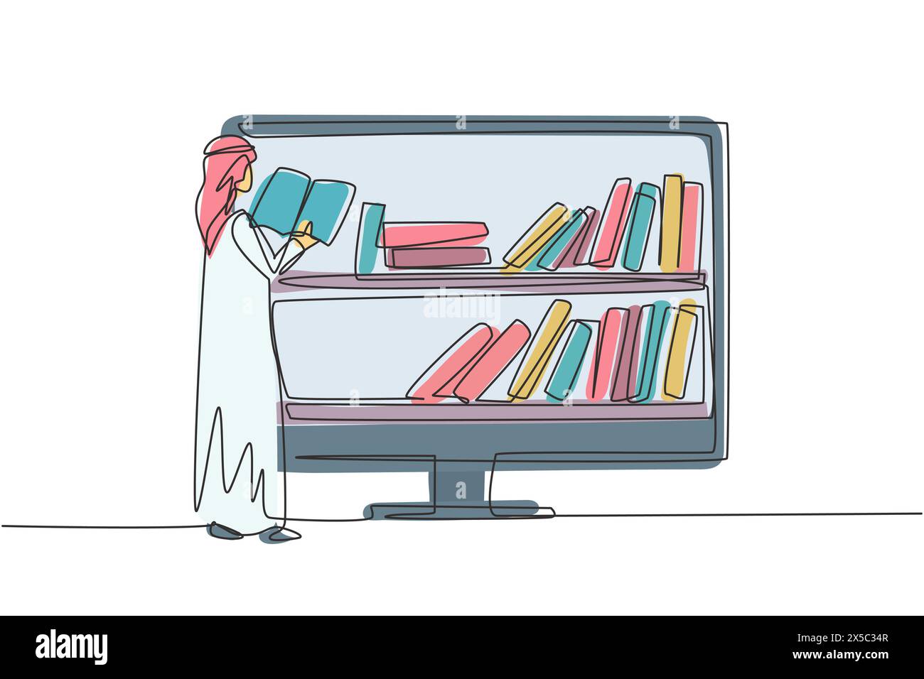 Continu d'une ligne dessinant le livre d'étudiant arabe masculin étudiant de l'université tout en se tenant debout devant le moniteur avec une étagère sur l'écran. Concept d'éducation. Péché Illustration de Vecteur