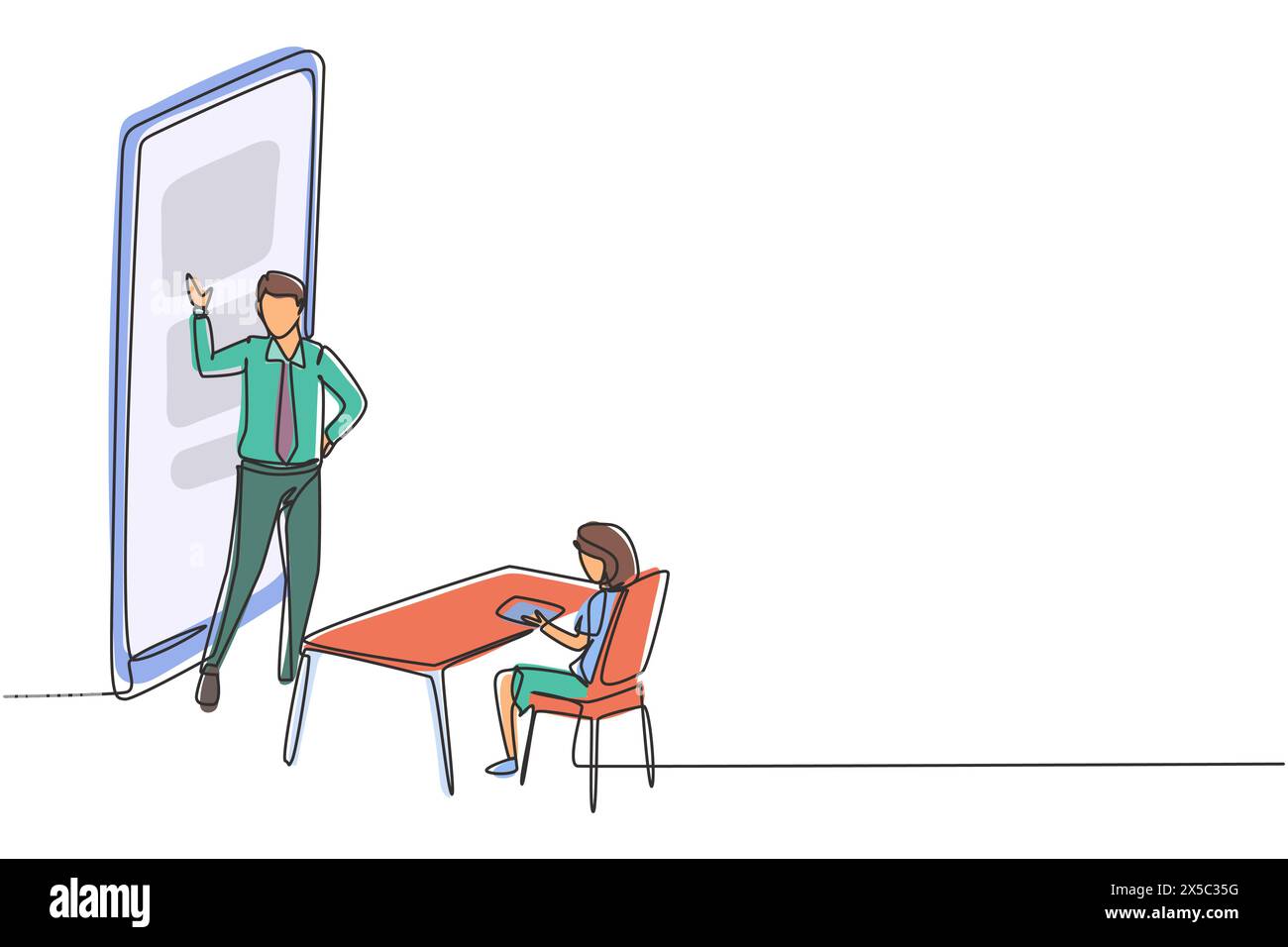 Simple une ligne dessin enseignant masculin debout devant le smartphone et enseignant des lycéennes filles assis sur des bancs autour du bureau. C Illustration de Vecteur