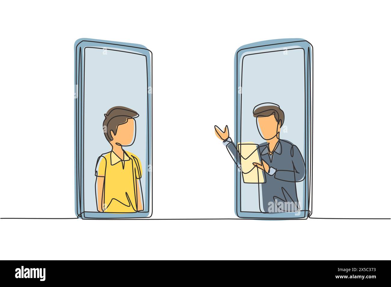 Simple dessin d'une ligne deux smartphones se tiennent devant l'autre, un côté contient un étudiant masculin du collège étudiant et l'autre Illustration de Vecteur