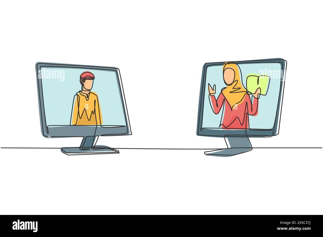 Dessin d'une ligne continue simple deux moniteurs se tiennent devant l'autre, un côté contient l'étudiant arabe masculin étudiant et l'autre contient h. Illustration de Vecteur
