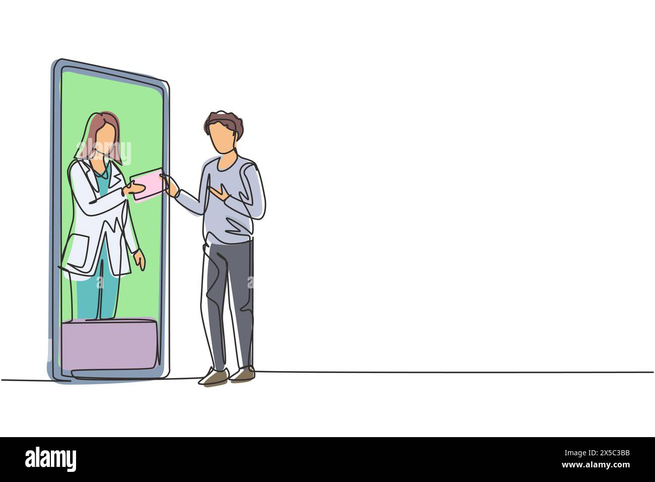 Simple une ligne dessinant patient masculin recevant la prescription d'un médecin féminin dans smartphone. Concept de consultation médicale en ligne. Moderne continu l Illustration de Vecteur