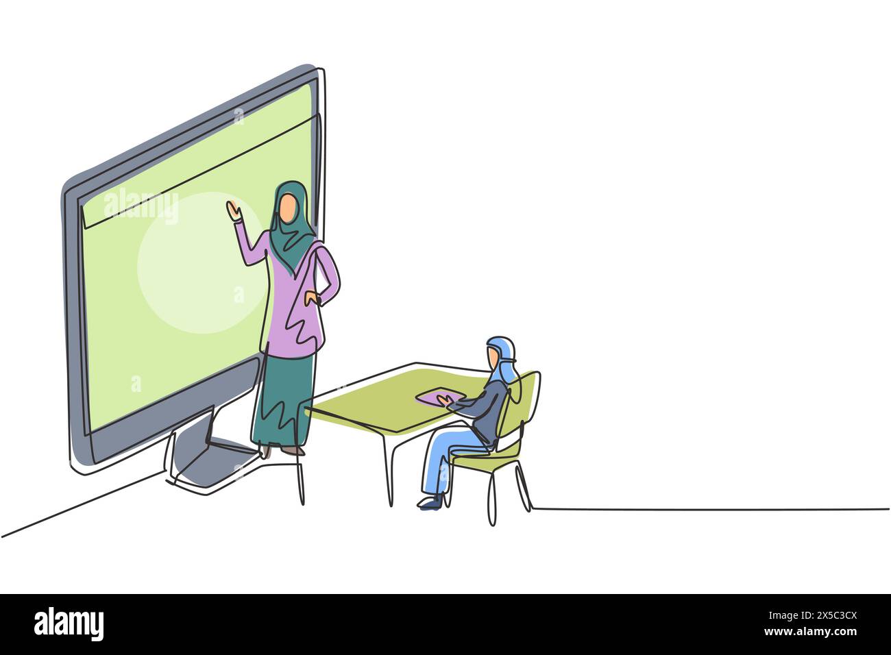 Simple une ligne dessinant une enseignante arabe debout devant l'écran de moniteur tenant le livre et enseignant le hijab aux étudiantes assis sur des bancs Illustration de Vecteur