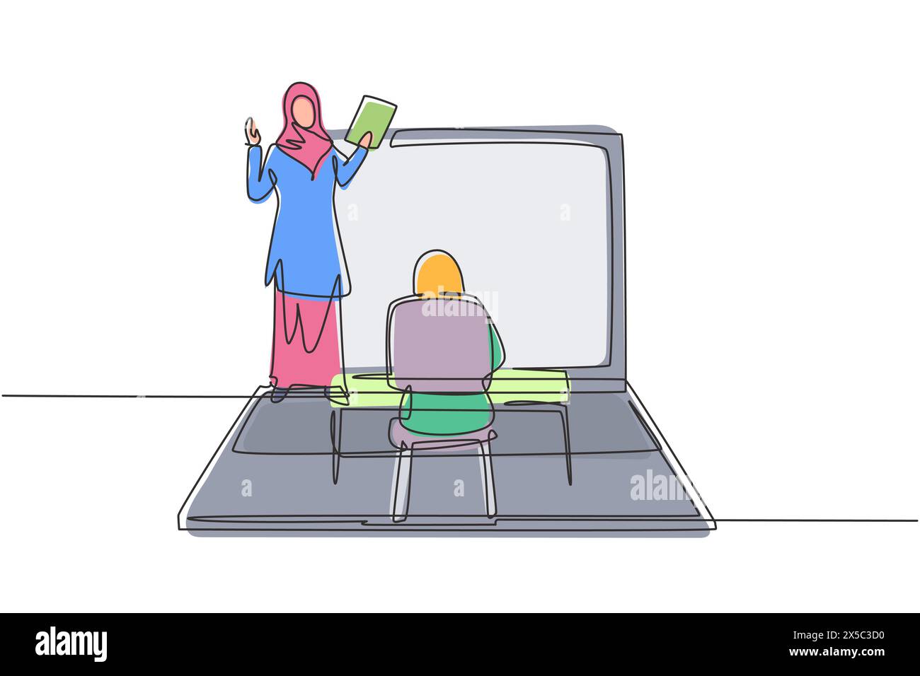 Continue d'une ligne dessinant une enseignante arabe debout devant l'écran d'ordinateur portable tenant le livre et enseignant le hijab aux étudiantes assis sur le banc Illustration de Vecteur