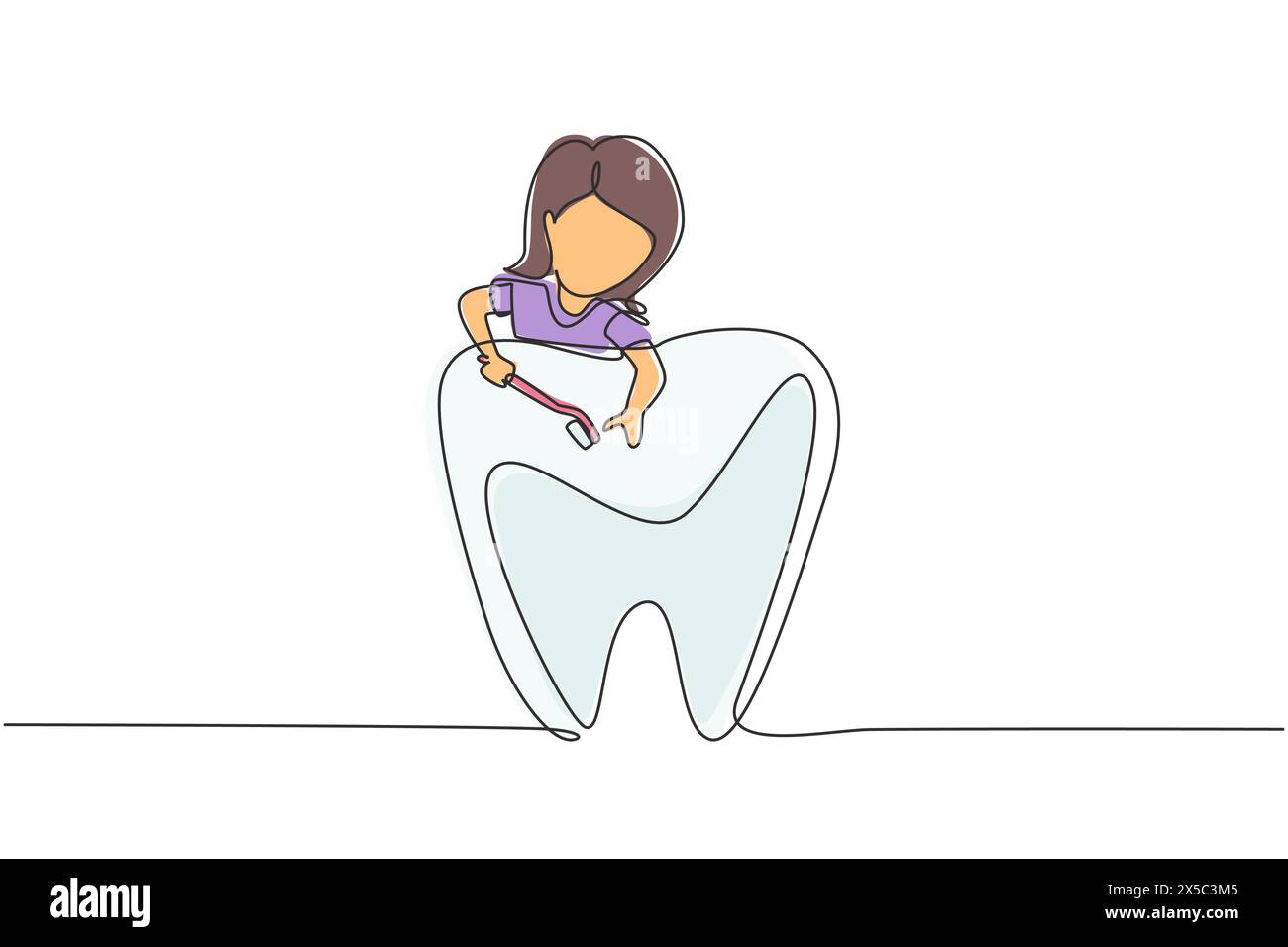 Simple une ligne dessinant fille brossant des dents géantes avec brosse à dents. Clinique dentaire Symbol, hôpital de dentisterie et centre de soins bucco-dentaires. Moderne continu l Illustration de Vecteur