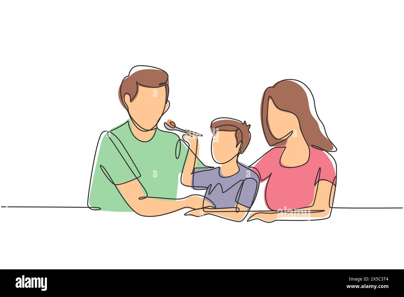 Une ligne continue dessinant la jeune famille s'amusant ensemble dans un restaurant moderne. Garçon nourrit son père d'amour. Concept de petite famille heureuse. Simple Illustration de Vecteur