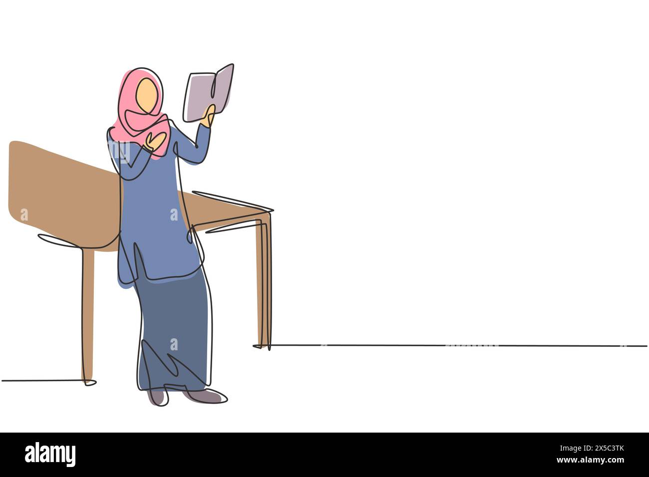 Ligne continue unique dessinant femme arabe lisant, apprenant et debout autour de la table. Étudiez dans la bibliothèque. Étudiant intelligent, concept d'éducation. Dynamique Illustration de Vecteur
