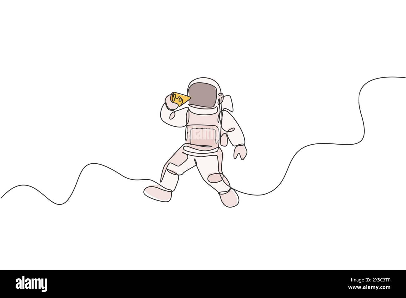 Une ligne continue dessinant cosmonaute mangeant de délicieuses pizzas italiennes fraîches dans l'univers galactique. Concept de vie d'astronaute de l'espace extra-atmosphérique fantastique. Dynamique s Illustration de Vecteur
