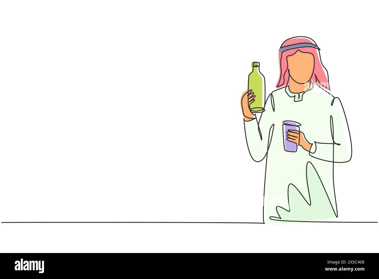 Ligne continue unique dessinant jeune homme arabe tenant bouteille dans une main et verre de jus d'orange dans l'autre tout en prenant le petit déjeuner à la maison. Dynami Illustration de Vecteur