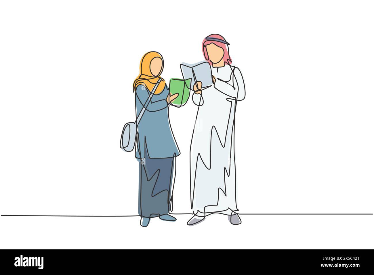 Ligne continue unique dessinant étudiants arabes femme et homme lisant, apprenant et debout à la bibliothèque. Amoureux de littérature, concept éducatif. Dynamique Illustration de Vecteur