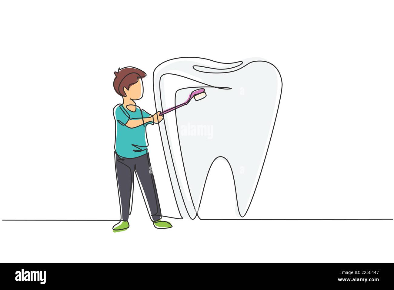 Ligne continue dessinant garçon brossant des dents géantes avec une brosse à dents. Clinique dentaire Symbol, hôpital de dentisterie et centre de soins bucco-dentaires. Soins dentaires. Chantez Illustration de Vecteur