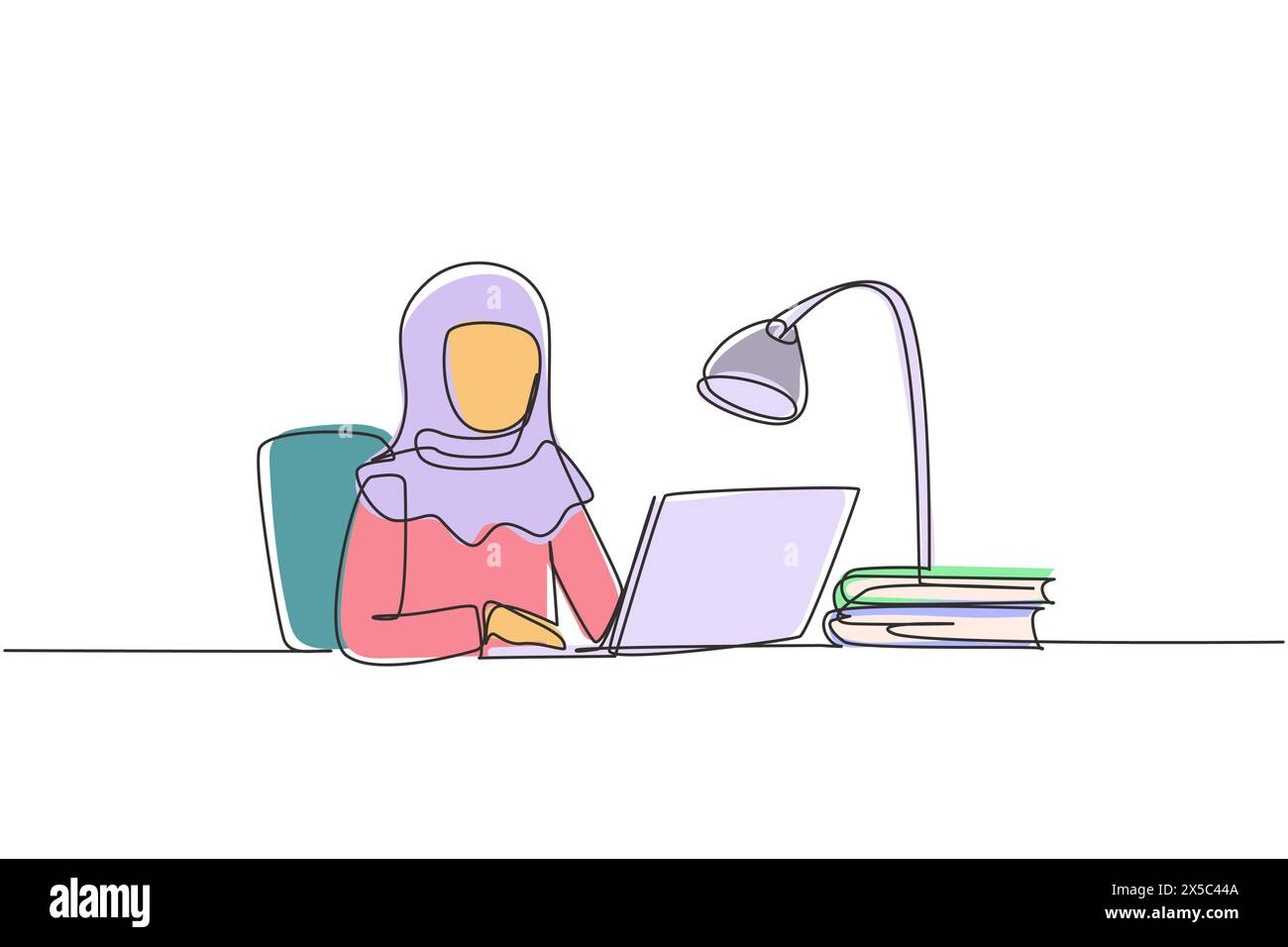 Une ligne continue dessinant une fille arabe étudiant avec ordinateur portable et lampe d'étude assis sur une chaise autour du bureau. Retour à l'école, concept d'éducation en ligne Illustration de Vecteur