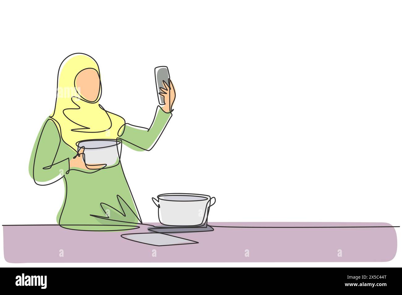 Une seule ligne dessinant femme au foyer arabe prenant selfie ou faisant un appel vidéo à l'aide de son smartphone tout en cuisinant une salade fraîche. Concept de nourriture saine. Contin Illustration de Vecteur