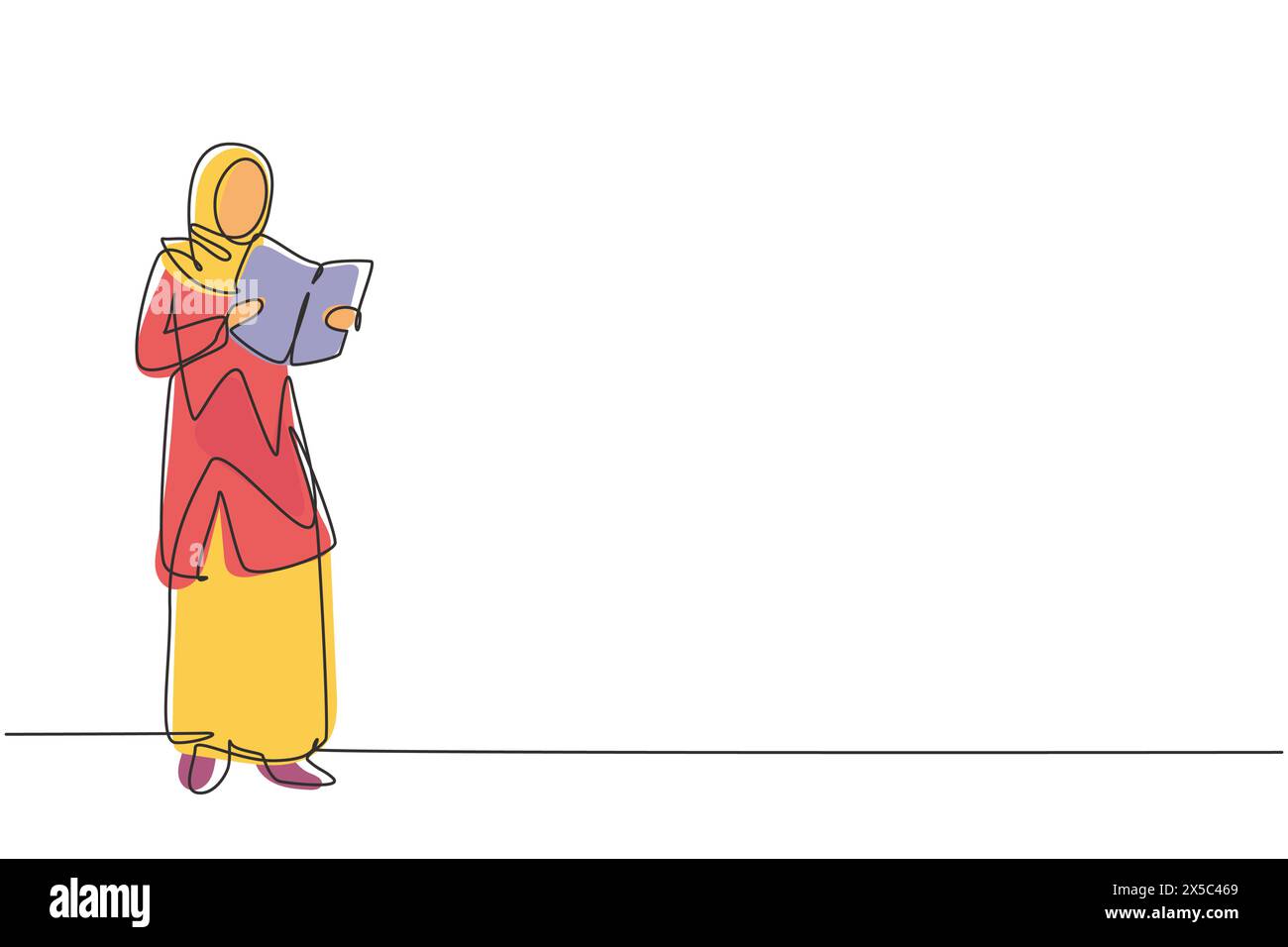 Une seule ligne continue dessinant une jeune femme arabe lisant, apprenant et debout dans la bibliothèque. Étudiez seul. Étudiant intelligent, concept d'éducation. Dynami Illustration de Vecteur