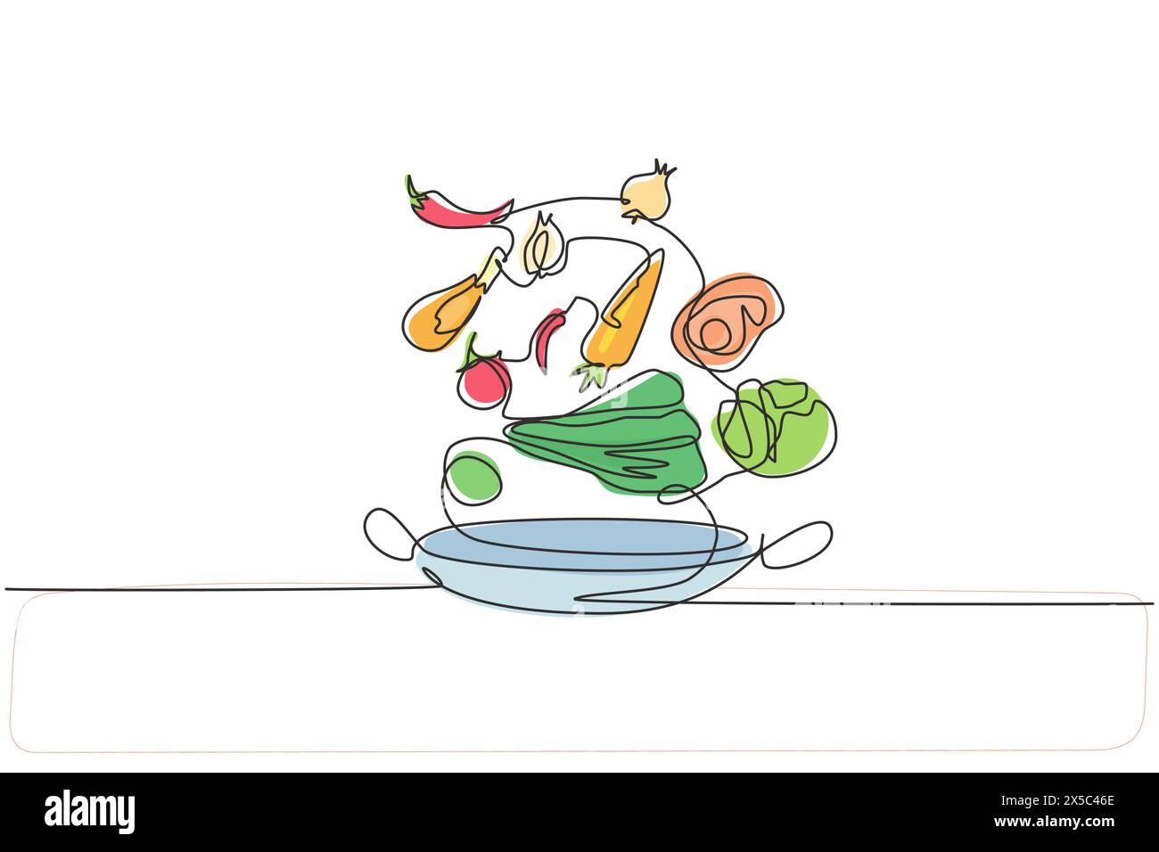 Le pot de dessin de ligne continue simple est saupoudré d'ingrédients alimentaires tels que les légumes, la viande, les oignons, les carottes, le sel, poivre et autres épices. Un l Illustration de Vecteur