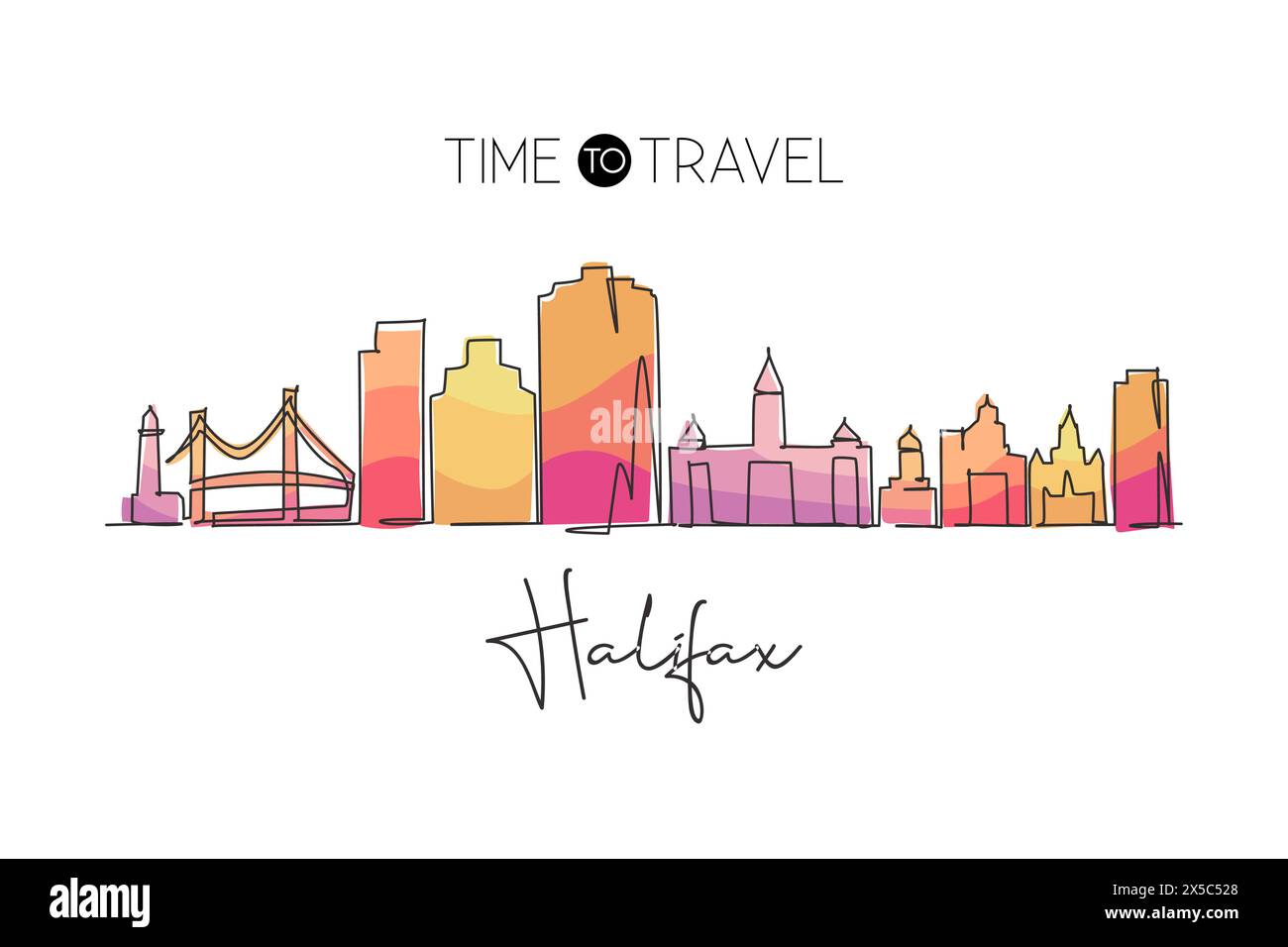 Une ligne continue dessinant l'horizon de la ville de Halifax, Nouvelle-Écosse Canada. Magnifique point de repère. Voyage de tourisme de paysage mondial décor mural imprimé affiche. Styl Illustration de Vecteur