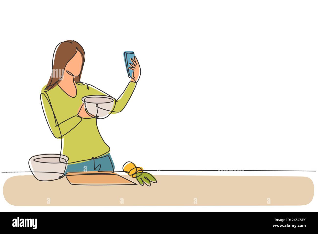 Une ligne continue dessinant jolie femme au foyer prenant selfie ou faisant un appel vidéo à l'aide de son smartphone tout en cuisinant une salade fraîche. Concept de nourriture saine. Illustration de Vecteur