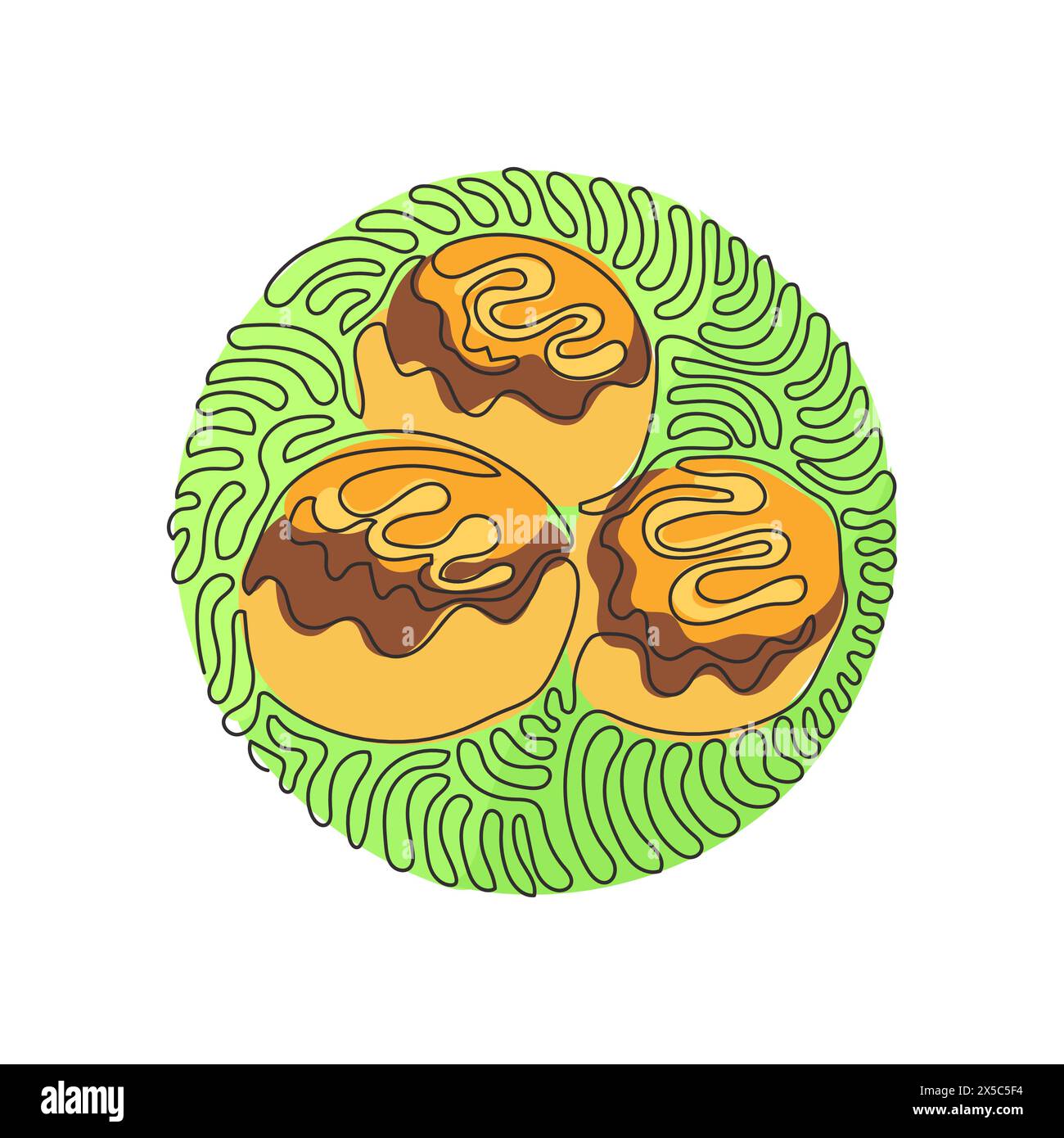 Simple dessin d'une ligne takoyaki, boules de poulpe, fast food japonais. Savoureux snack avec mayonnaise, algues. Style d'arrière-plan de cercle de bouclage de tourbillon. Continue Illustration de Vecteur